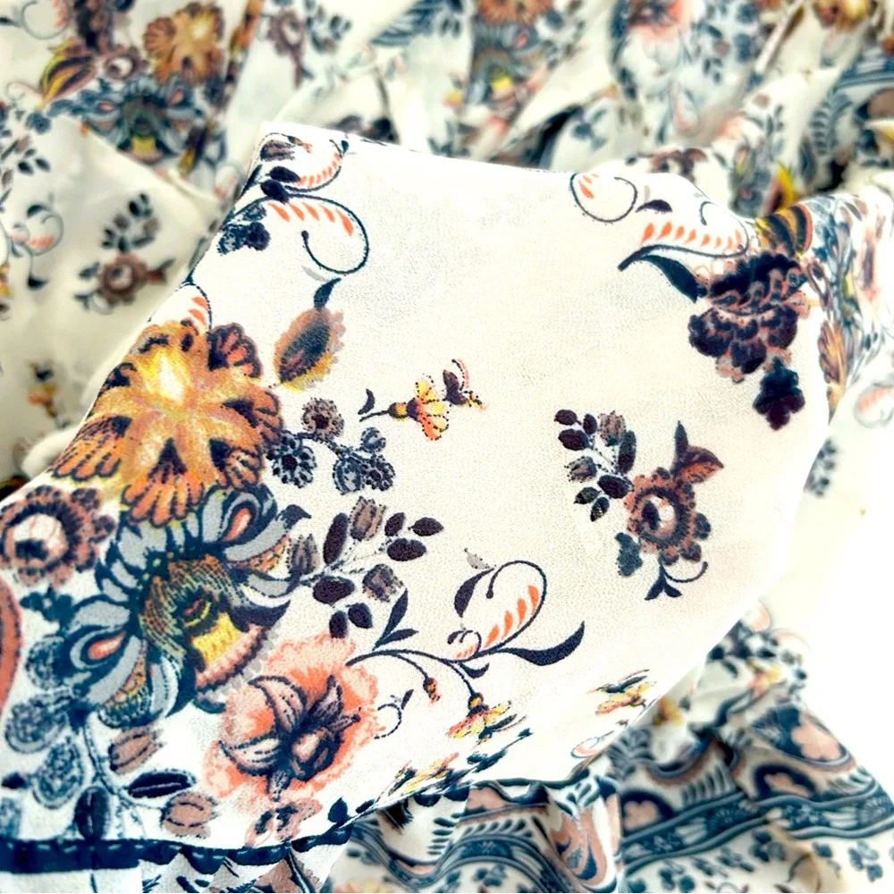 Knox Rose Small White Multicolor Floral Boho Peasant Tie Front Blouse